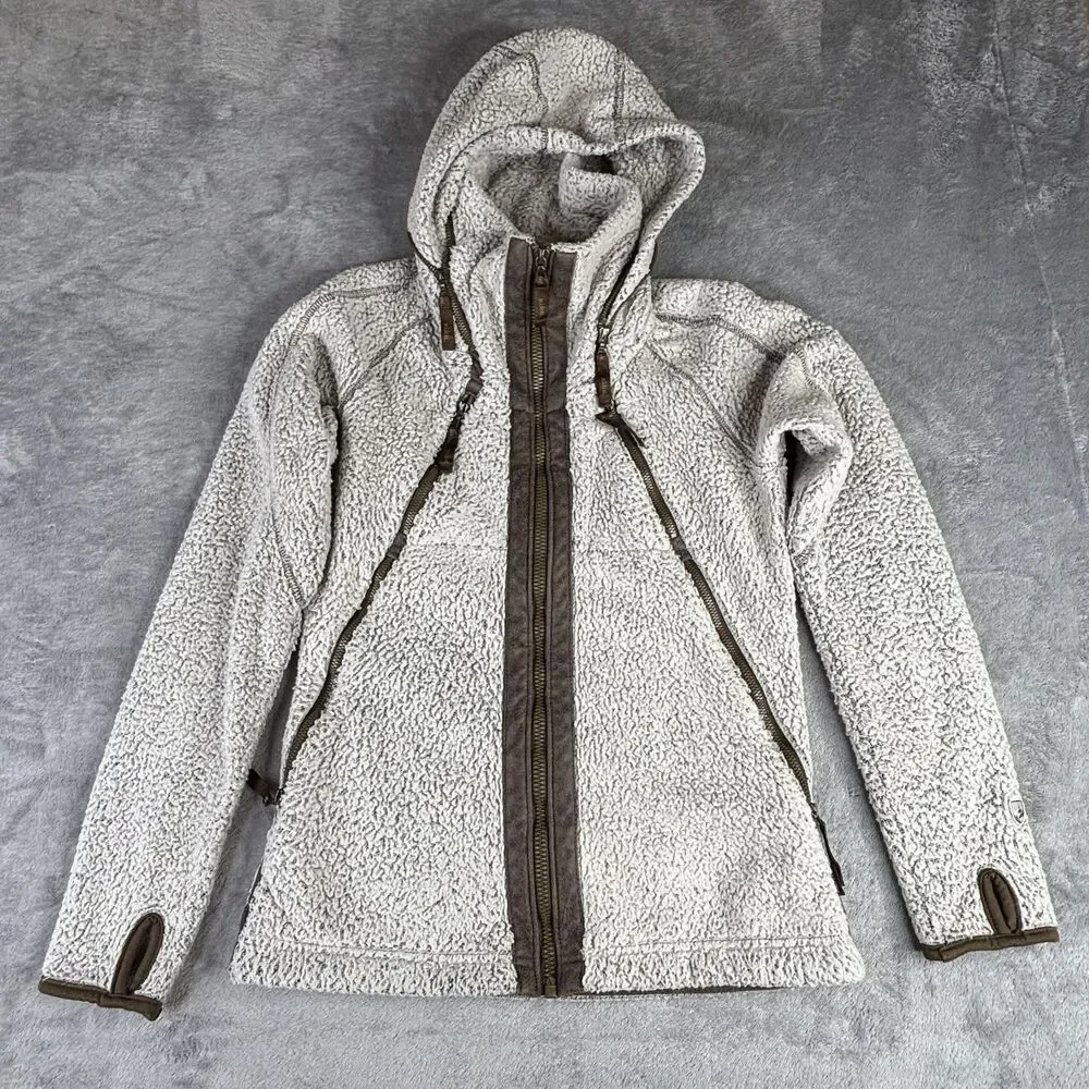 Kuhl Flight Jacket Womens XS Ivory Sherpa‎ Fleece Hooded Full Zip Thumbholes